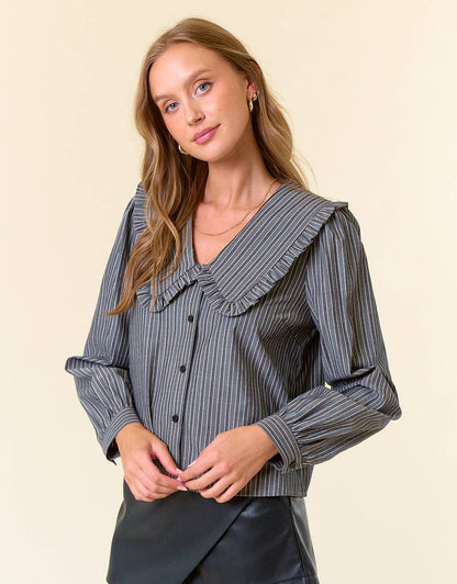 PETERPAN COLLARED BUTTON DOWN BLOUSE DARK GREY