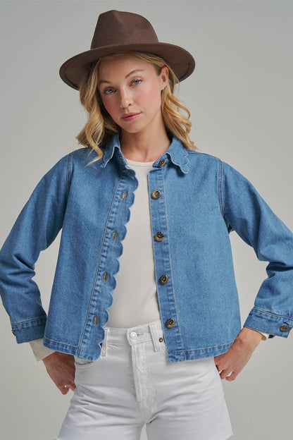 FALL DENIM BUTTON DOWN JACKET WITH SCALLOP EMBROIDERY COLLAR