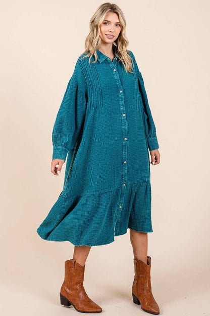 MINERAL WASH COTTON GAUZE RUFFLE MIDI SHIRT OVERSIZE DRESS