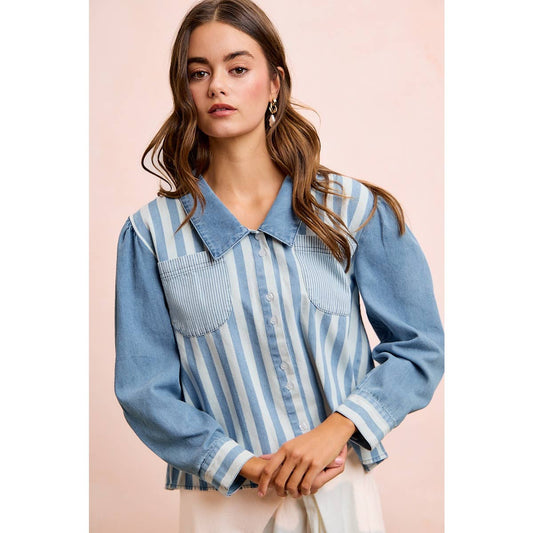 WASHED MULTI STRIPED DENIM BUTTONED SHACKET TOP