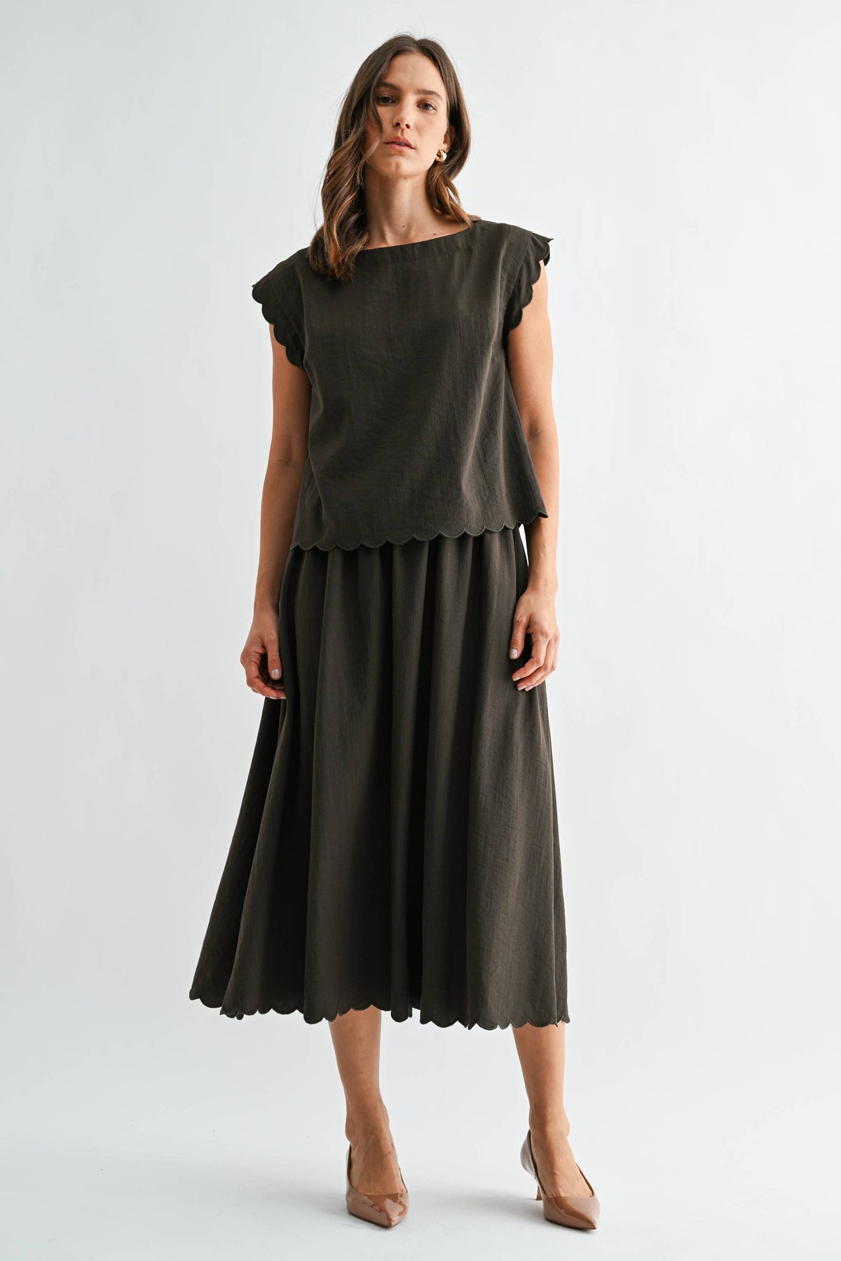 OLIVE GREEN SCALLOP EDGE MAXI TOP SKIRT SET