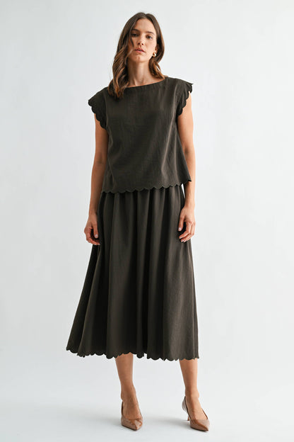 OLIVE GREEN SCALLOP EDGE MAXI TOP SKIRT SET