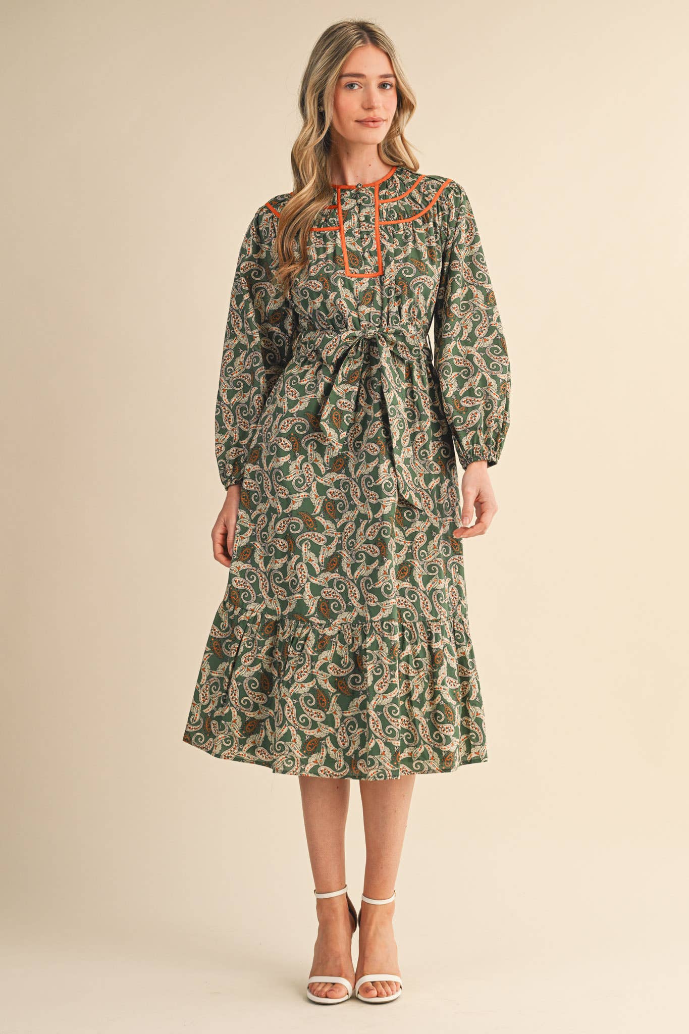 PAISLEY PRINT CONTRAST BINDING MIDI DRESS