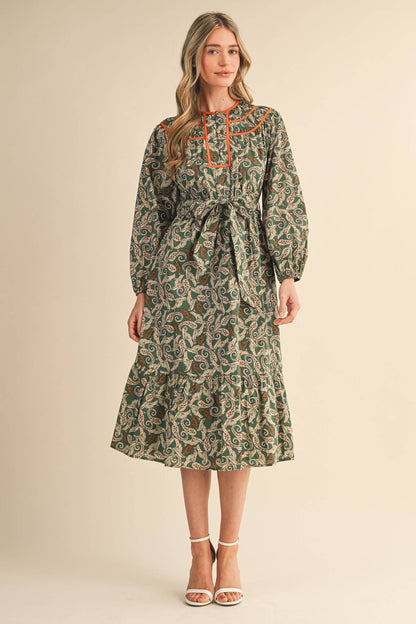 PAISLEY PRINT CONTRAST BINDING MIDI DRESS