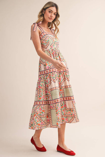 FLORAL PATCHWORK TIE STRAP SHOULDER MIDI DRESS PINK