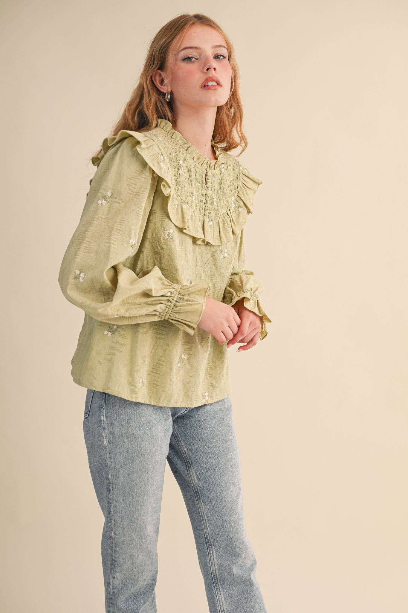 RUFFLED SMOCKED YOKE EMBROIDERED BLOUSE Multiple Color - PRE ORDER