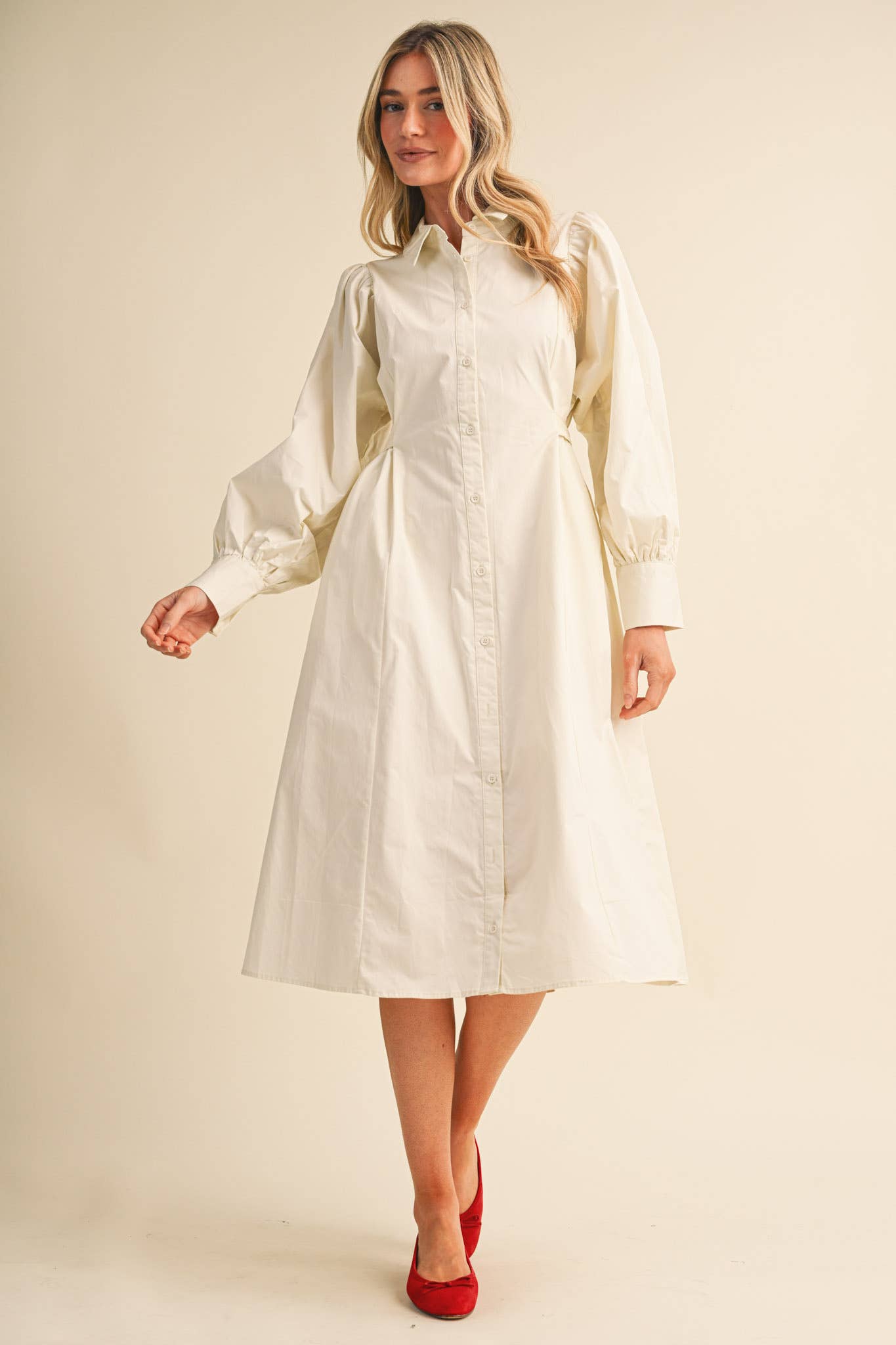 BUTTON DOWN BELTED MIDI DRESS CREAM