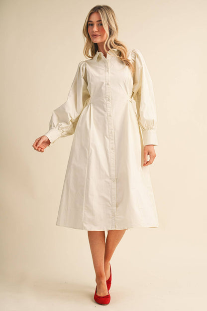 BUTTON DOWN BELTED MIDI DRESS CREAM