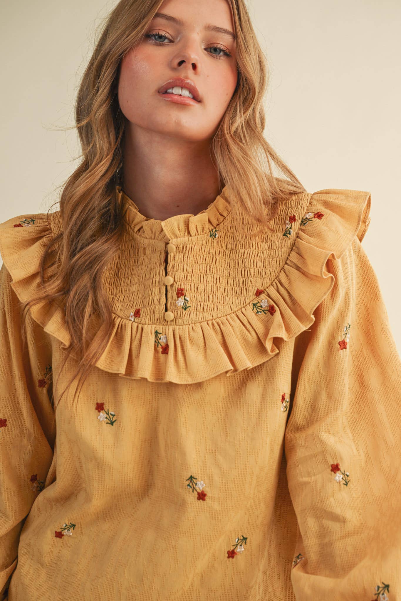 RUFFLED SMOCKED YOKE EMBROIDERED BLOUSE Multiple Color - PRE ORDER