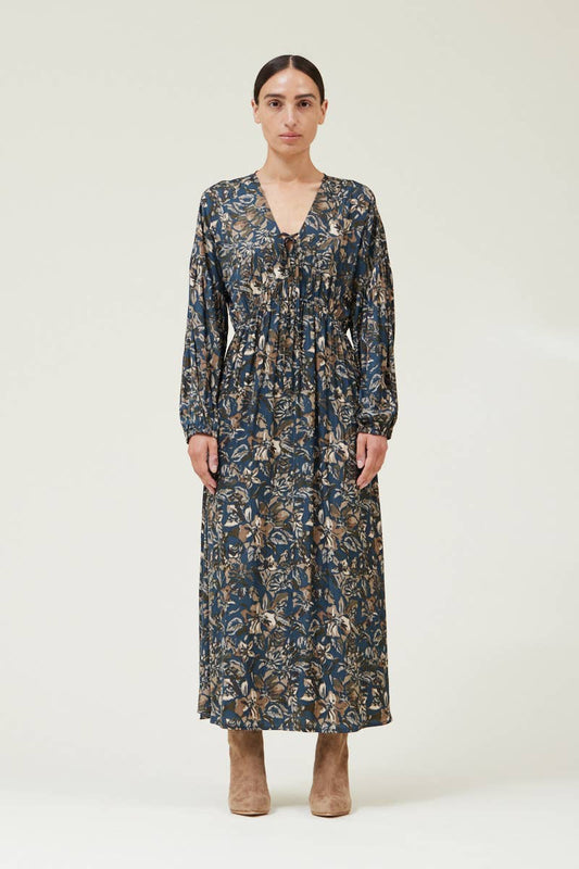BLUE LACE FRONT PRINTED SATIN MIDI DRESS