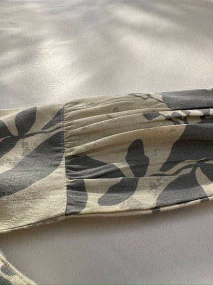 Grey Leaf Printed Gathered Long Sleeve Dress