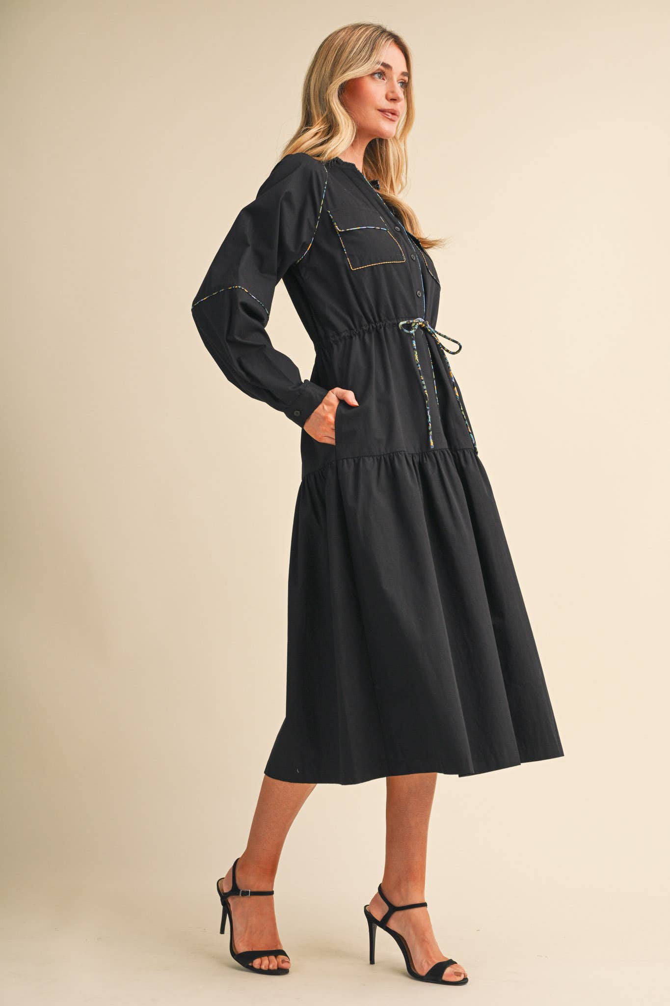 UTILITY MIDI DRESS WITH CONTRAST PIPING TRIM