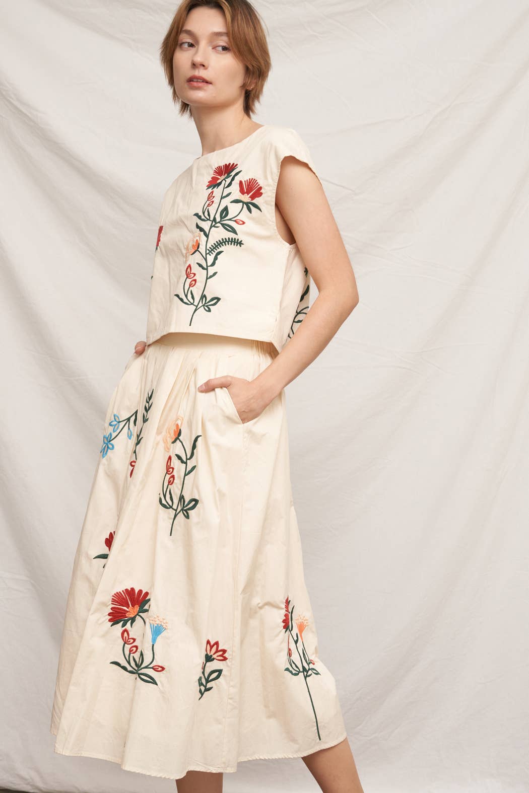Floral Embroidered Midi Skirt & Top Set