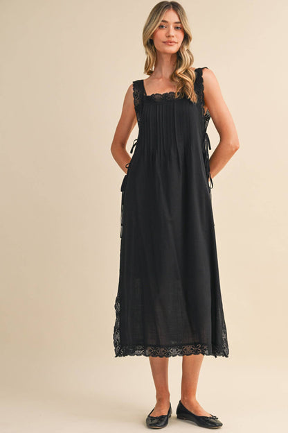 COTTON LACE TRIM SIDE TYING MIDI DRESS BLACK WHITE