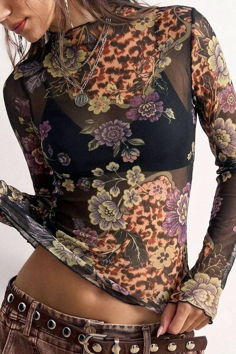 Sheer Floral Mock Neck Long Sleeve Blouse