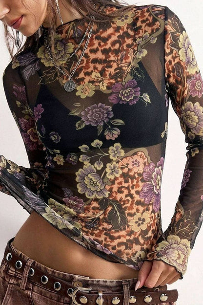 Sheer Floral Mock Neck Long Sleeve Blouse