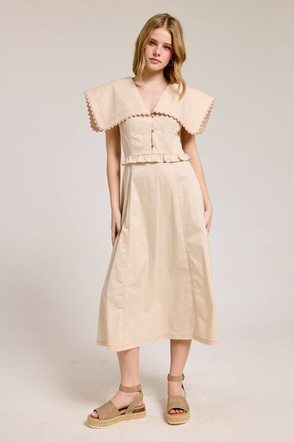 Oversized Collar Scallop Trim Midi Dress