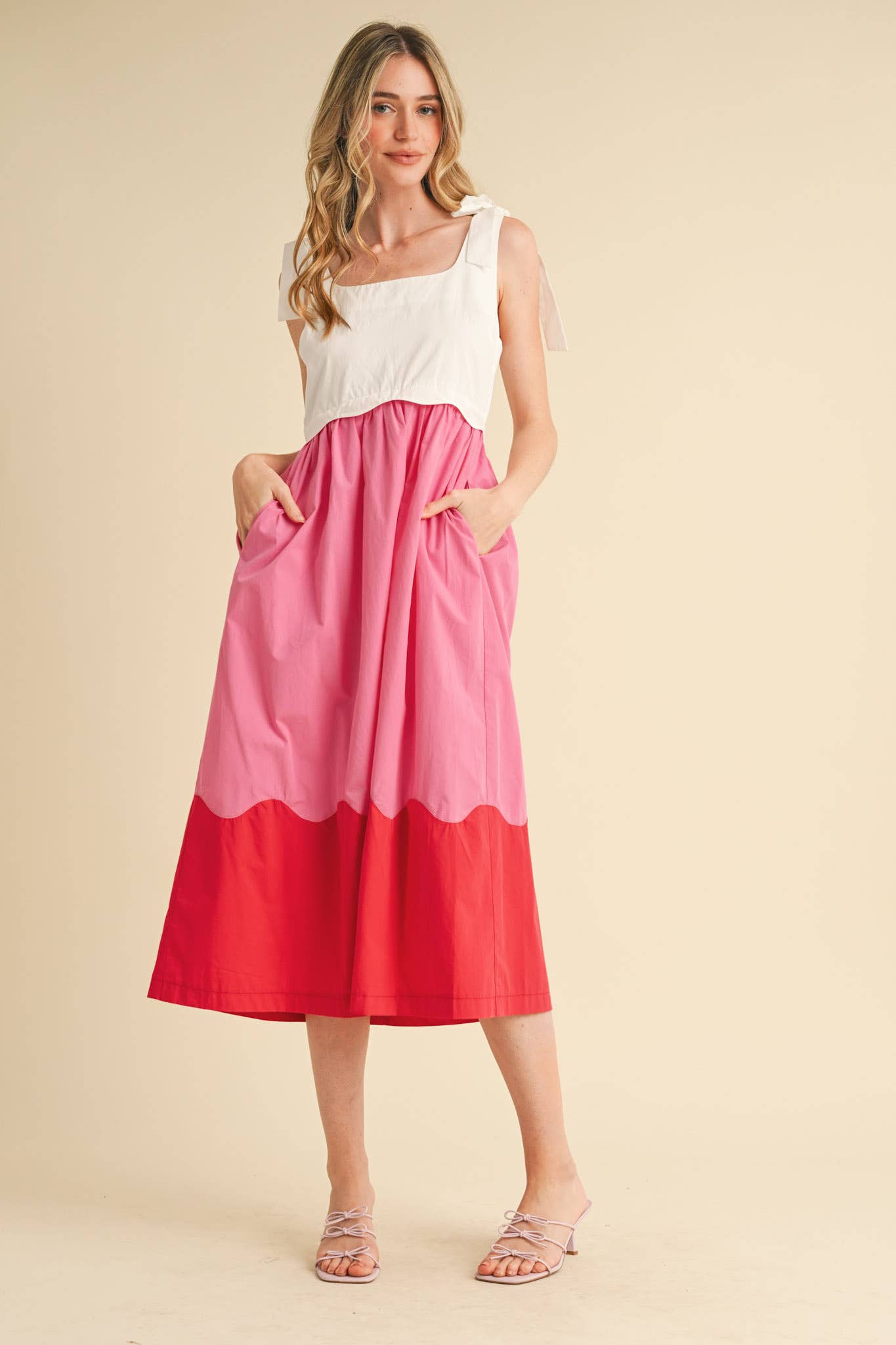 SCALLOPED COLOR BLOCK PINK SCALLOP MIDI DRESS