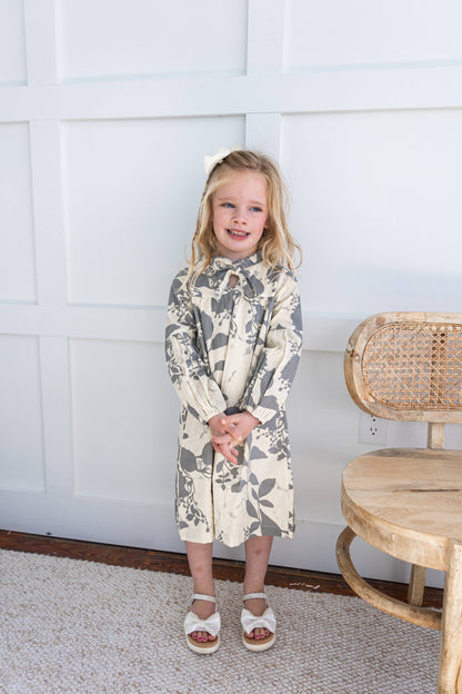 Grey Leaf Printed Gathered Long Sleeve Dress