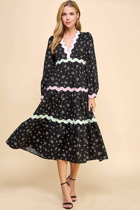 Floral Scalloped Ric Rac Detail Midi Dress
