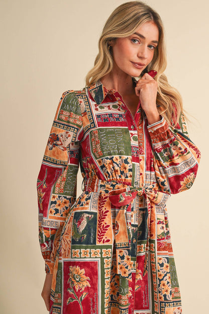 PATCHWORK PRT EMBELLISHED BUTTON DWN BELTED MIDI DREss
