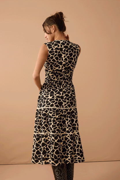 Giraffe Pattern Empire Waist Dress In Black
