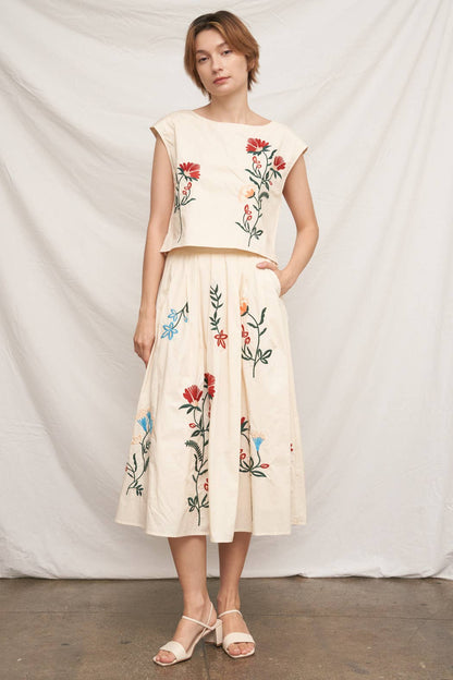 Floral Embroidered Midi Skirt & Top Set