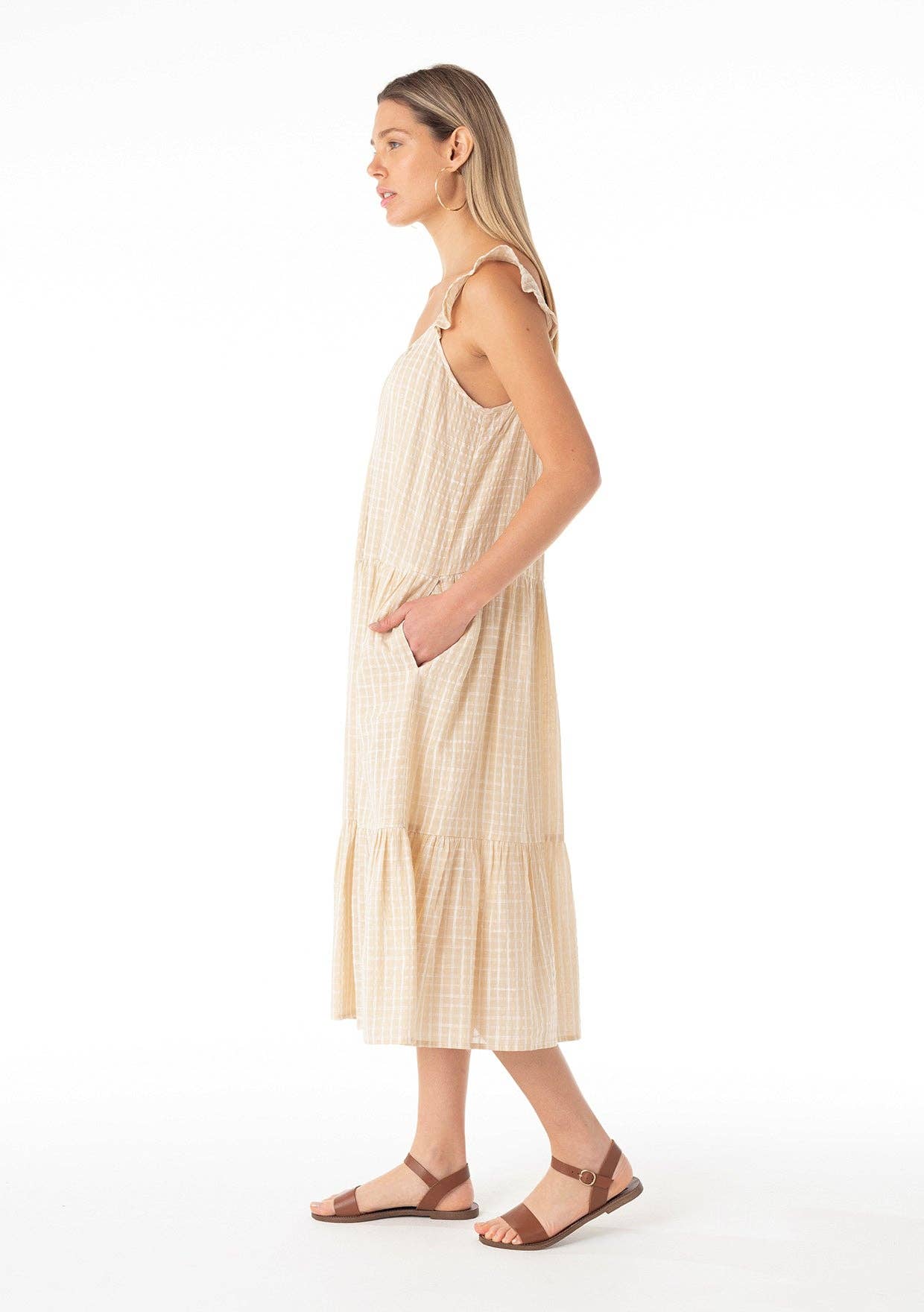Plaid Ruffled Strap Scoop Neck Tiered Midi Dress