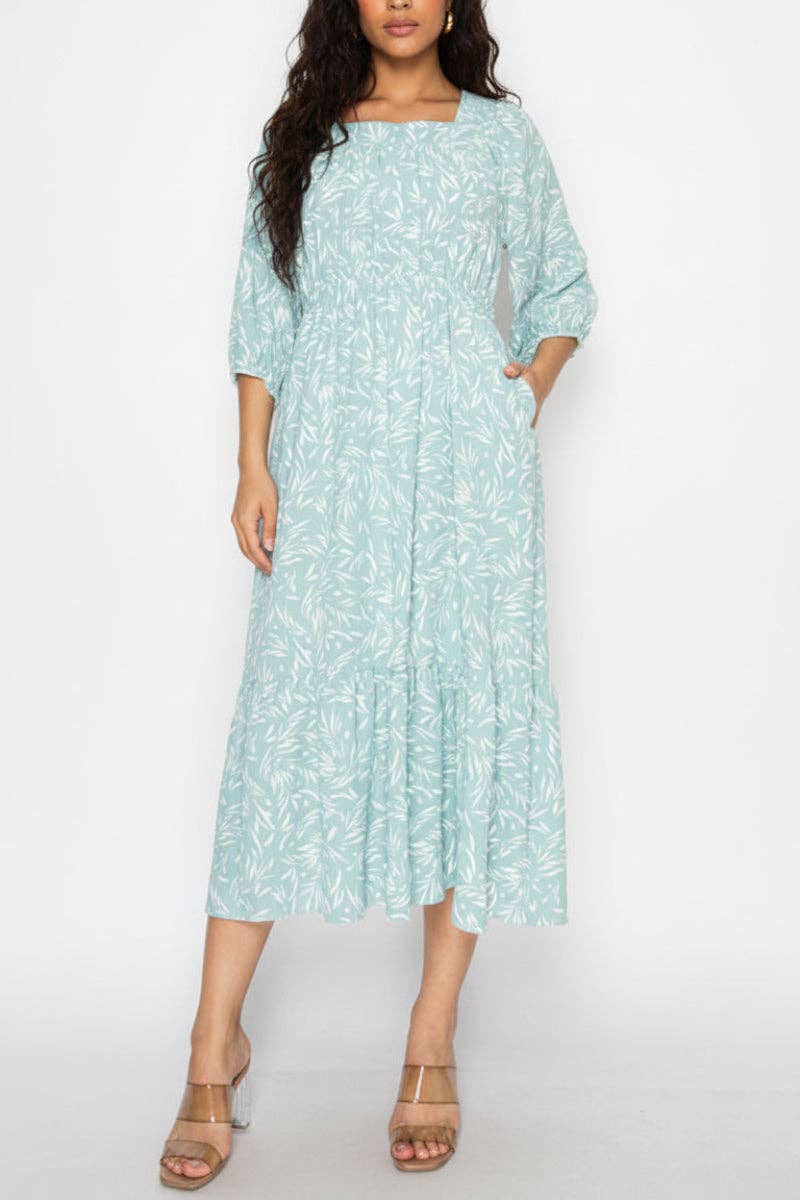 SQUARE NECKL 3/4 SLEEVES, MIDI DRESS
