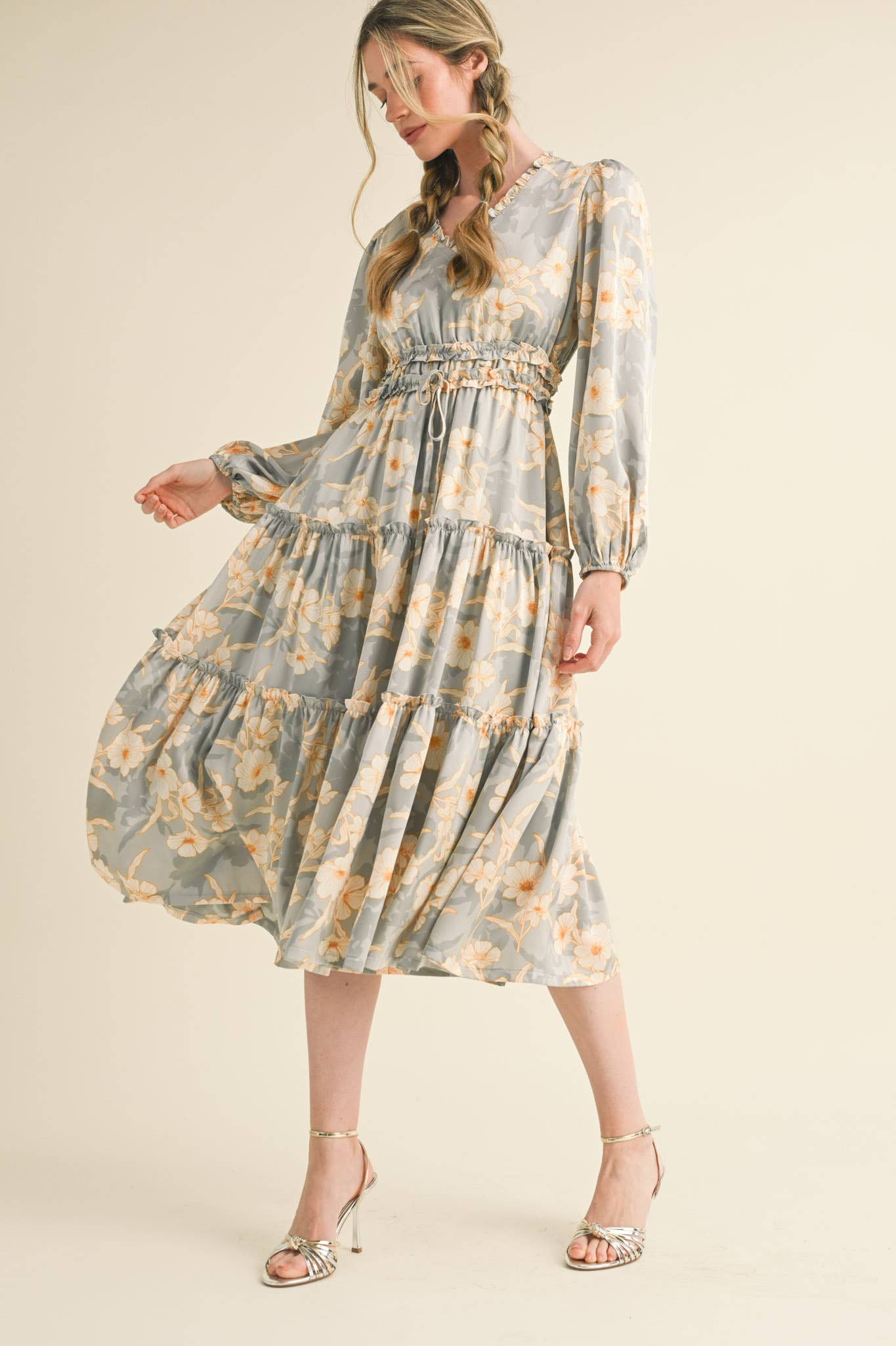 EXCLUSIVE PRINT RUFFLE TRIM FLORAL MIDI DRESS Silver Champagne