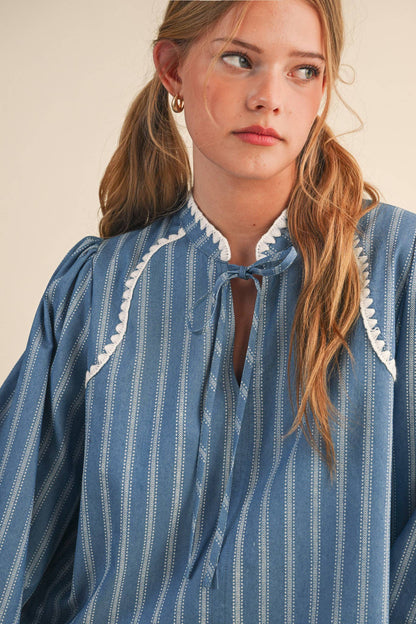 STRIPED PUFF SLEEVE TOP WITH BLANKET STITCH BLUE BLOUSE - PRE ORDER