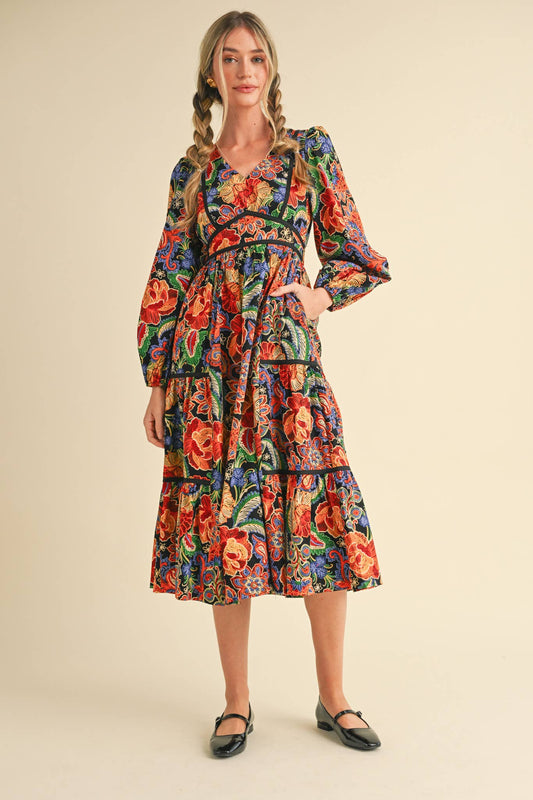 EXCLUSIVE PRINT PUFF SLEEVE MIDI DRESS