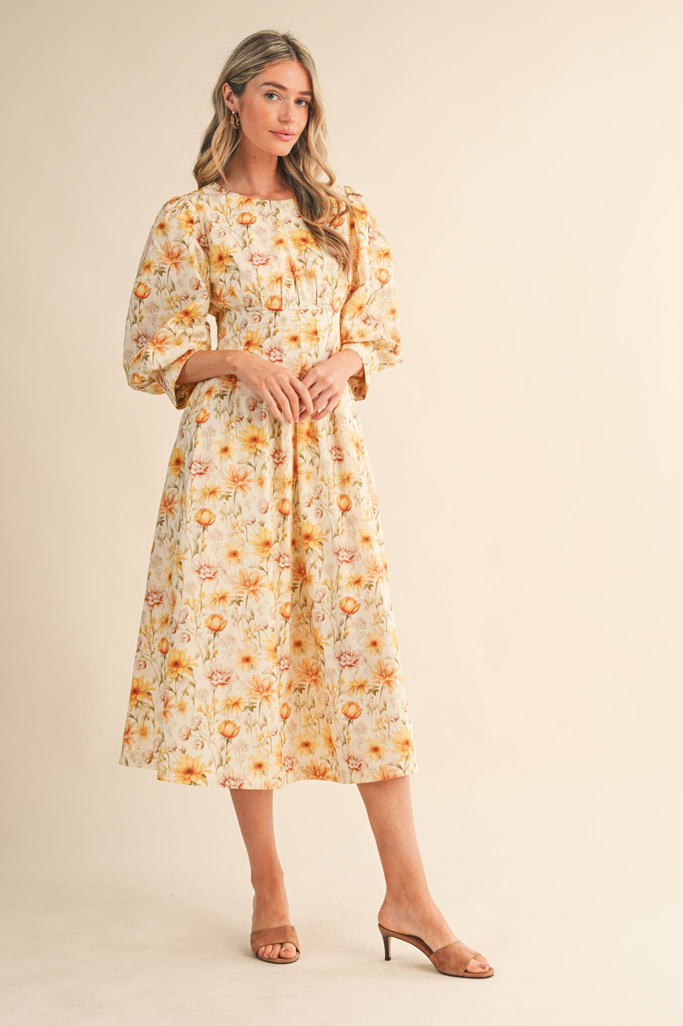 Yellow Floral Pleated Waist Midi Dress