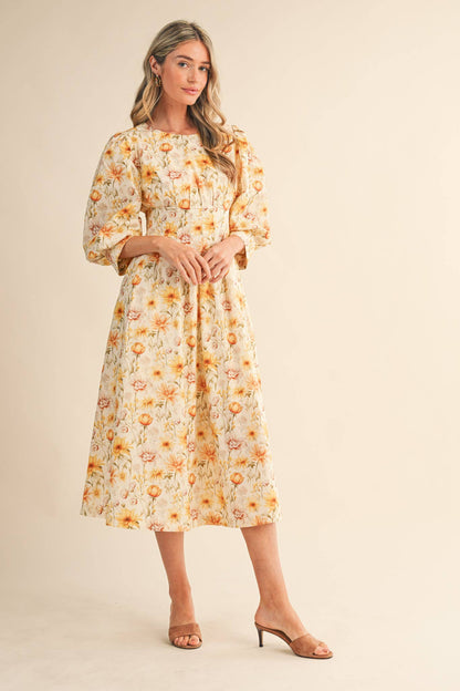 Yellow Floral Pleated Waist Midi Dress