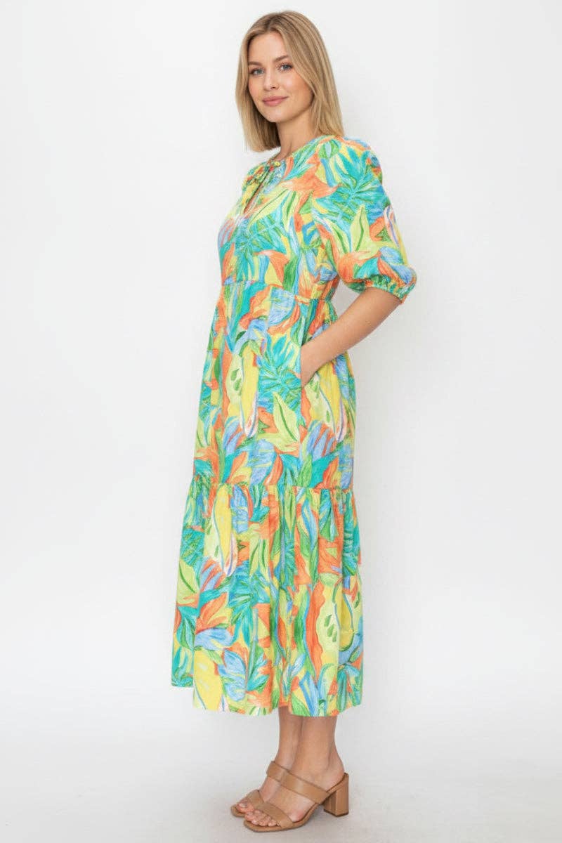 VIBRANT TROPICAL PRINT MIDI DRESS SHVL5994-D