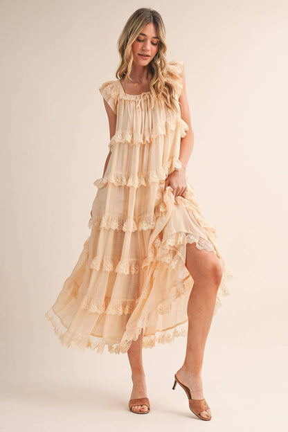 TIERED LACE TRIM FLOWY MAXI DRESS RUFFLE BLACK CREAM
