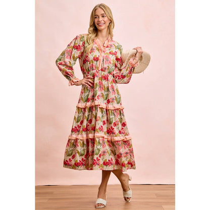 FLORAL PRINT MIDI DRESS WITH RUFFLE SCALLOP EDGE DETAILS