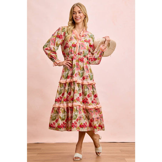 FLORAL PRINT MIDI DRESS WITH RUFFLE PINK GREEN SCALLOP EDGE DETAILS