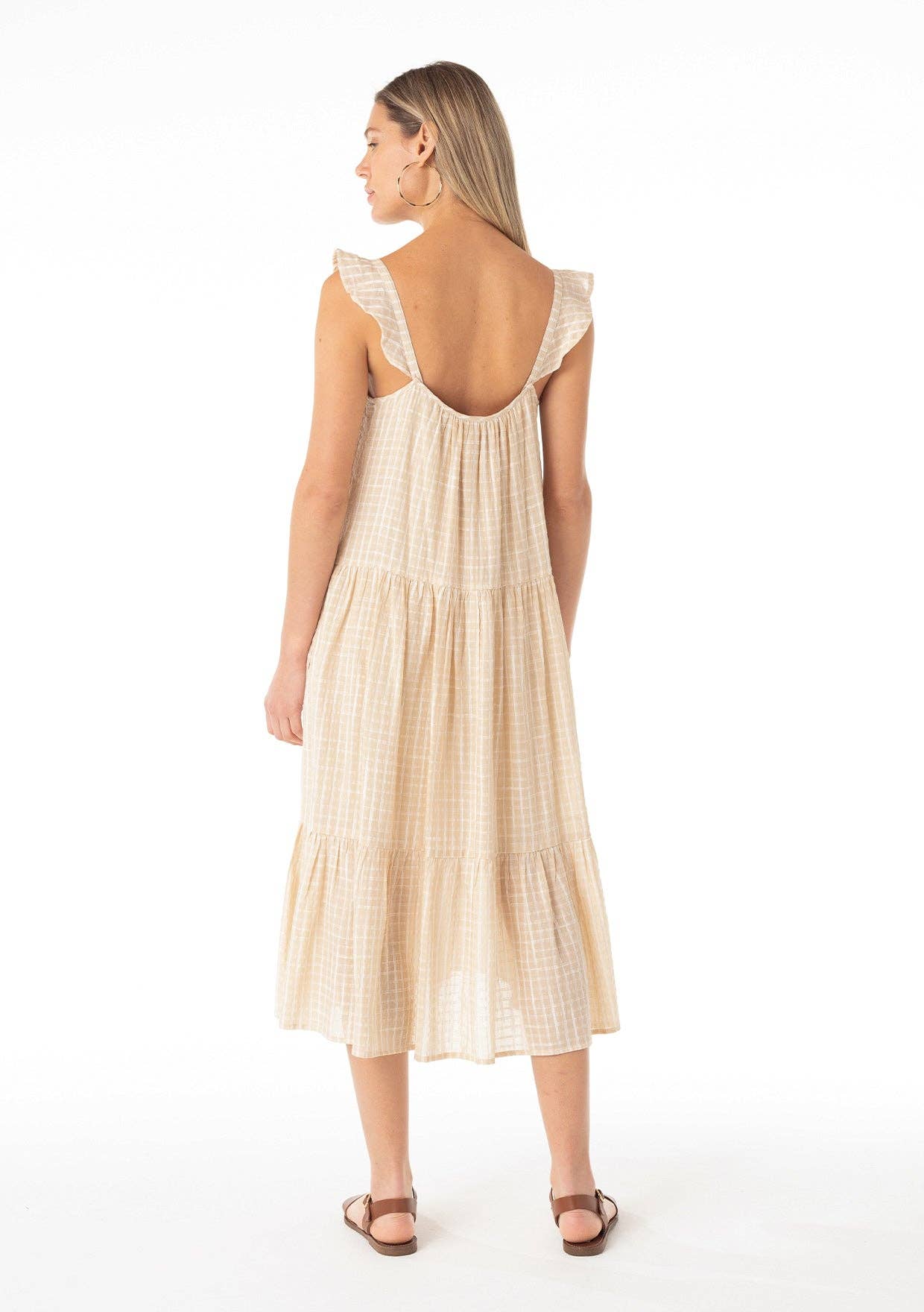 Plaid Ruffled Strap Scoop Neck Tiered Midi Dress