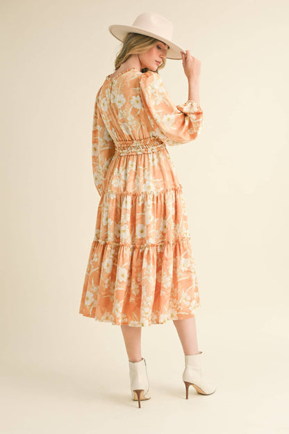 EXCLUSIVE PRINT RUFFLE TRIM FLORAL MIDI DRESS Silver Champagne