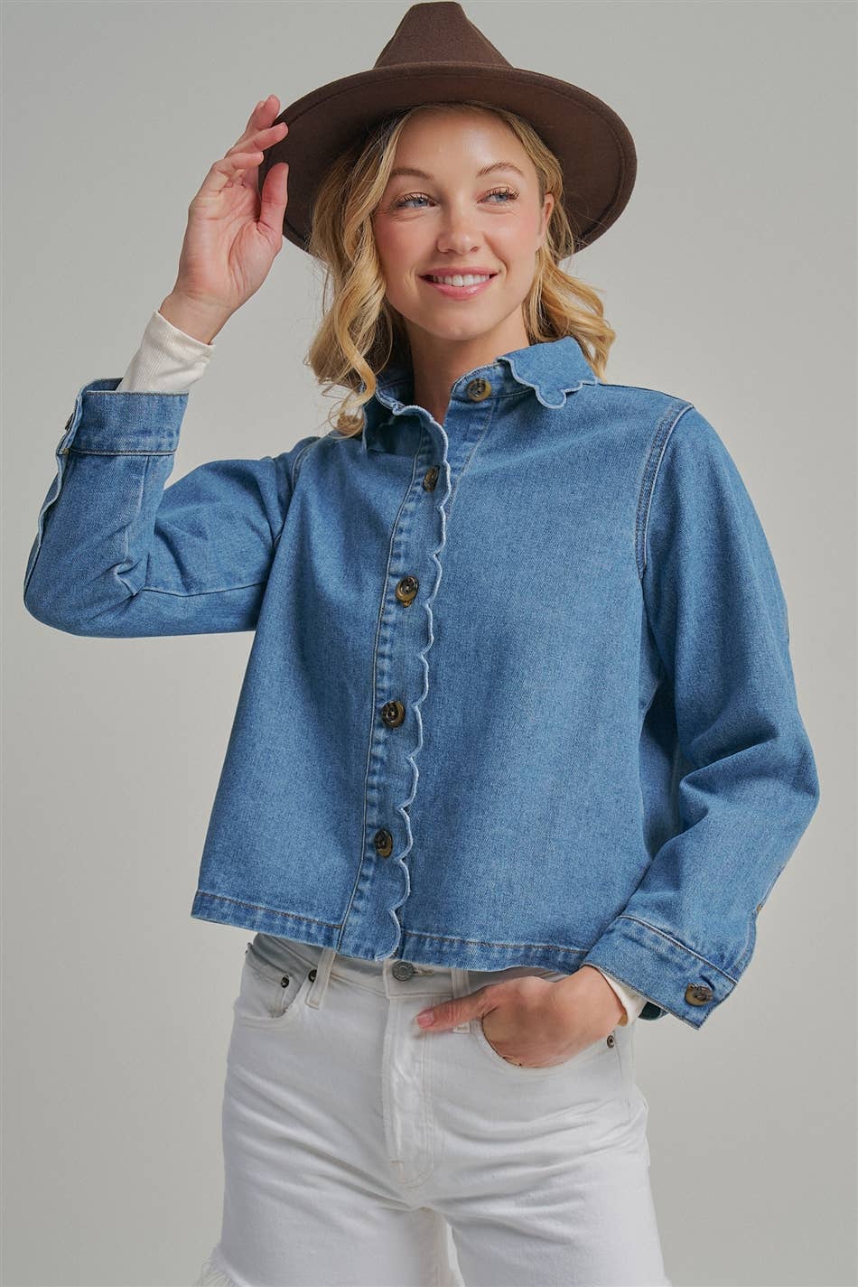 FALL DENIM BUTTON DOWN JACKET WITH SCALLOP EMBROIDERY COLLAR