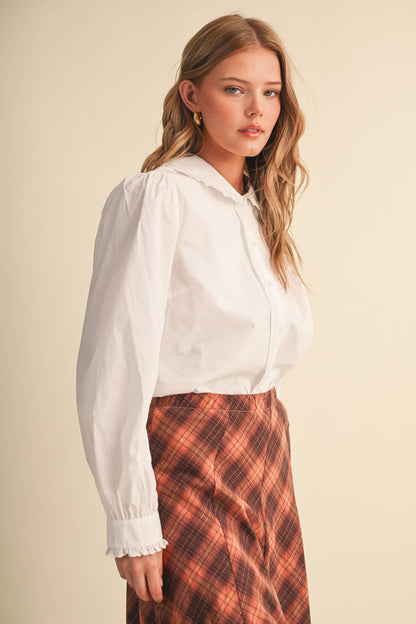BUTTON UP TOP WITH SCALLOPED TRIM PETER PAN COTTON BLOUSE BLACK WHITE MUSHROOM