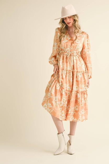 EXCLUSIVE PRINT RUFFLE TRIM FLORAL MIDI DRESS Silver Champagne