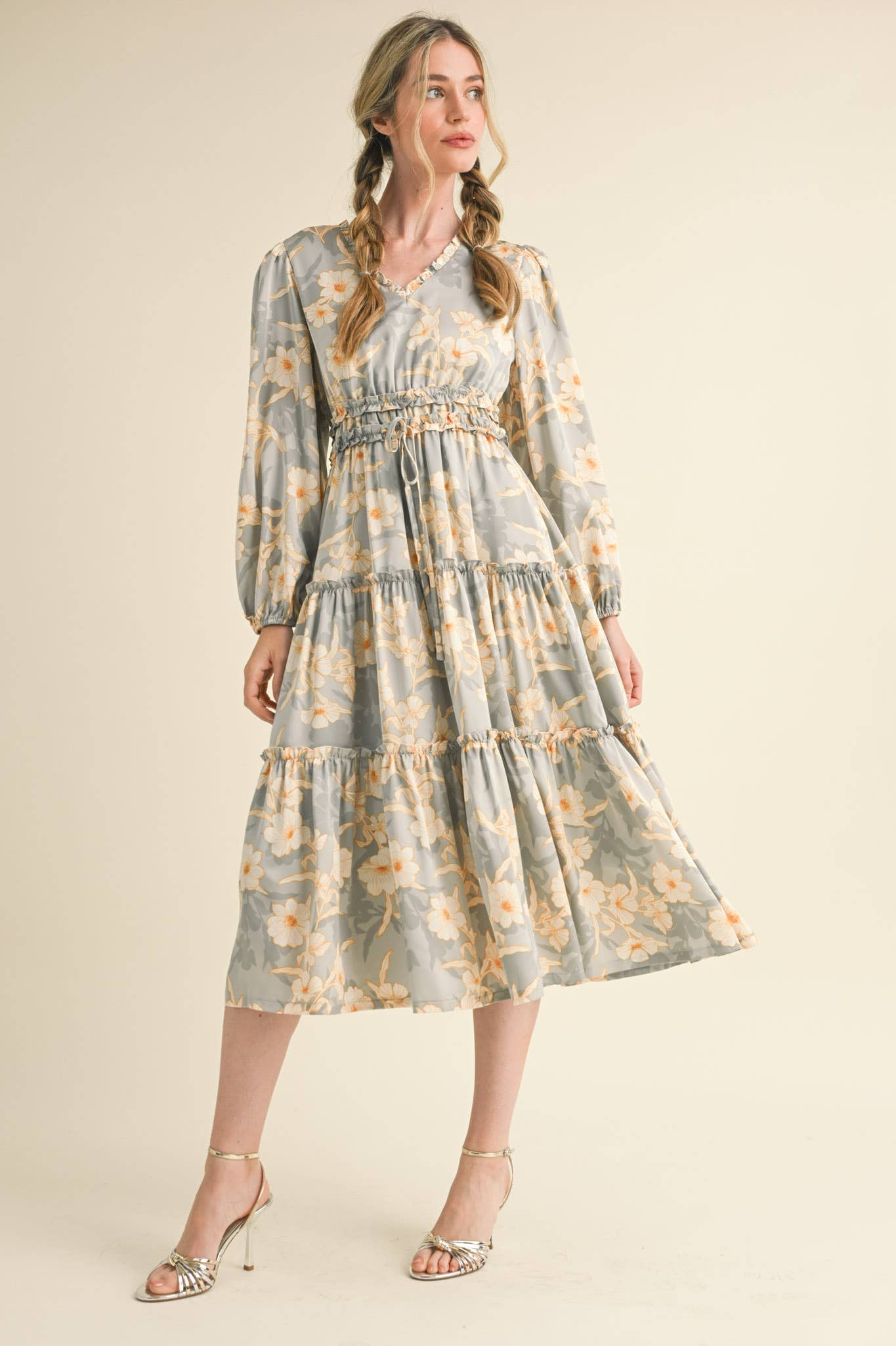 EXCLUSIVE PRINT RUFFLE TRIM FLORAL MIDI DRESS Silver Champagne