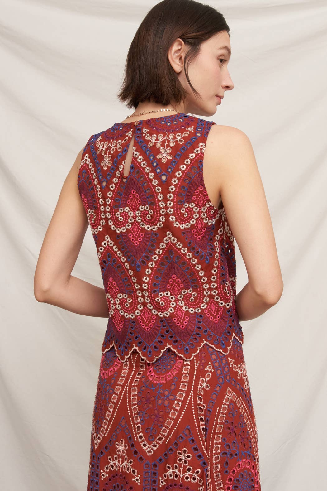 Eyelet Embroidered Blouse and Midi Skirt with Uneven Hem Scallop