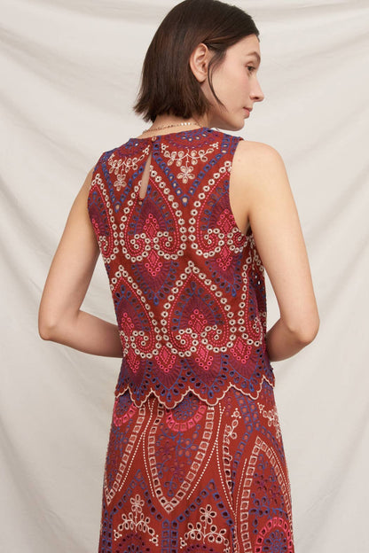 Eyelet Embroidered Blouse and Midi Skirt with Uneven Hem Scallop