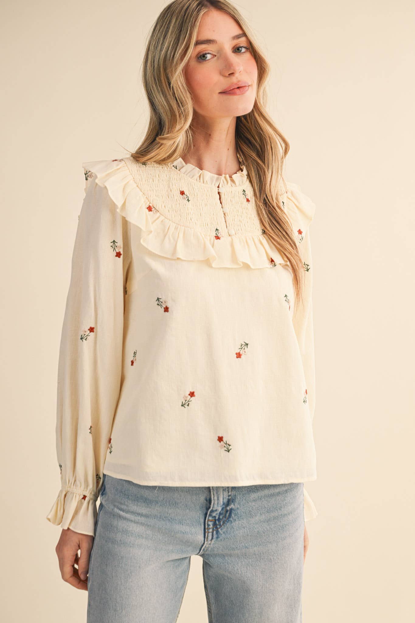 RUFFLED SMOCKED YOKE EMBROIDERED BLOUSE Multiple Color - PRE ORDER