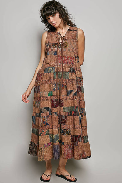 V-neck Lace Trim Patchwork Boho Sleeveless Roomy Pol Fit Dress