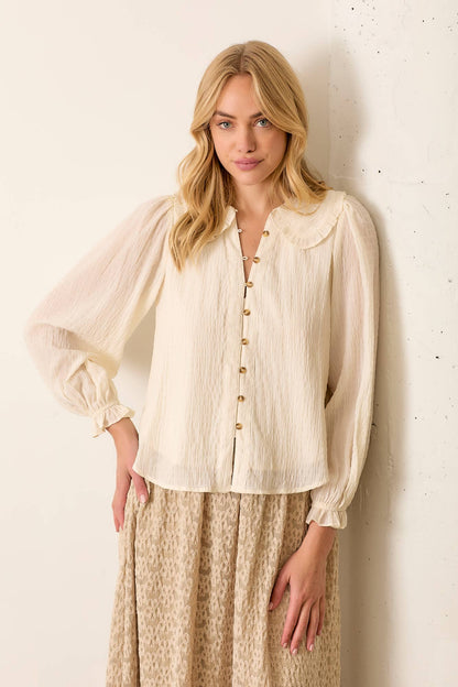 LONG SLEEVE BUTTON UP W ROUND COLLAR CREAM BLACK MULTI COLORS