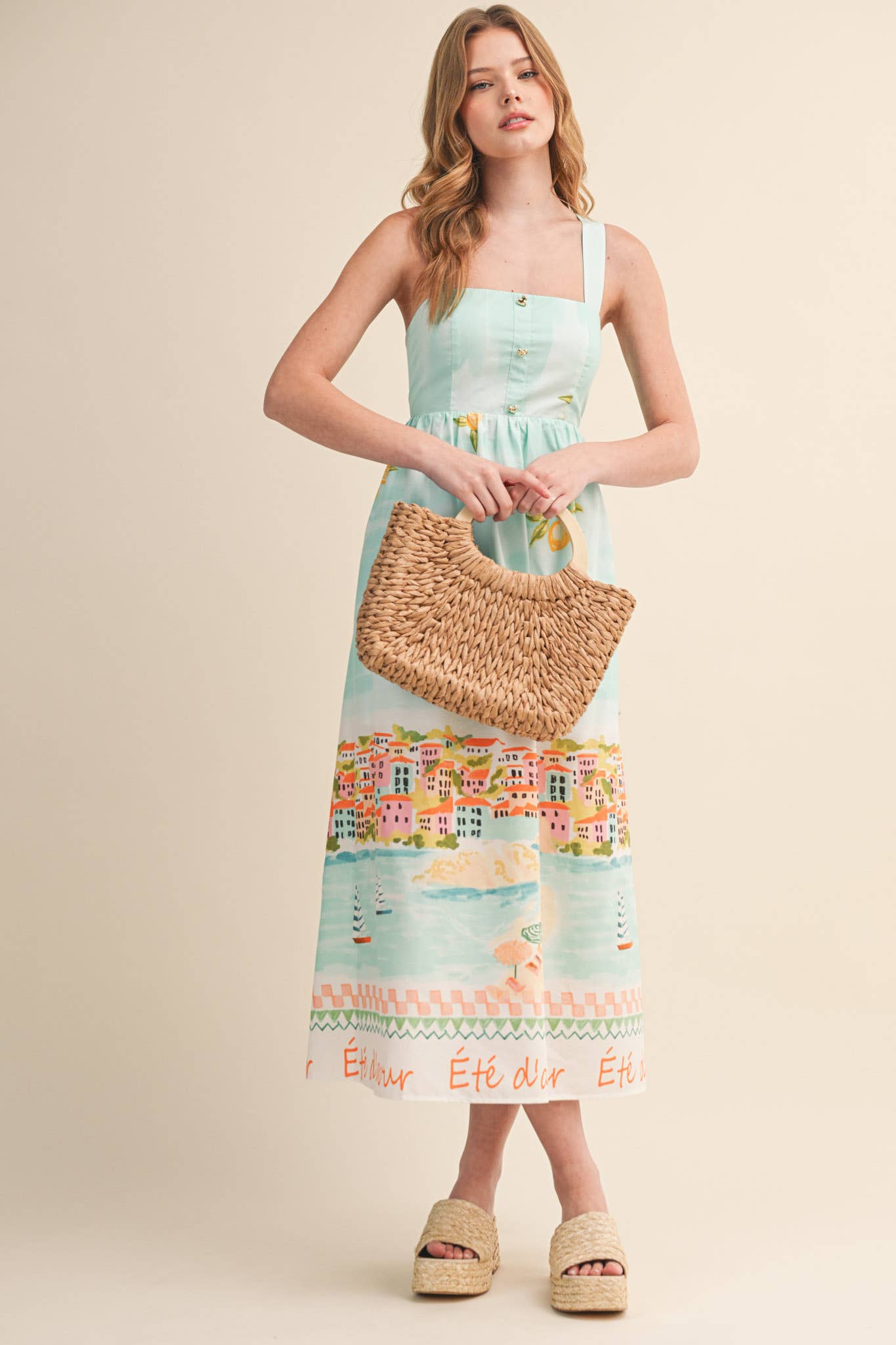 LETS GETAWAY LANDSCAPE PRINT BOW TYING MIDI DRESS BLUE